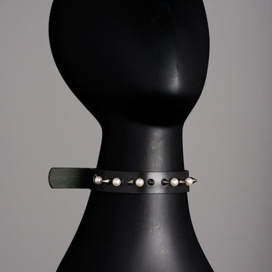 Leather Choker with faux Pearls and Spikes